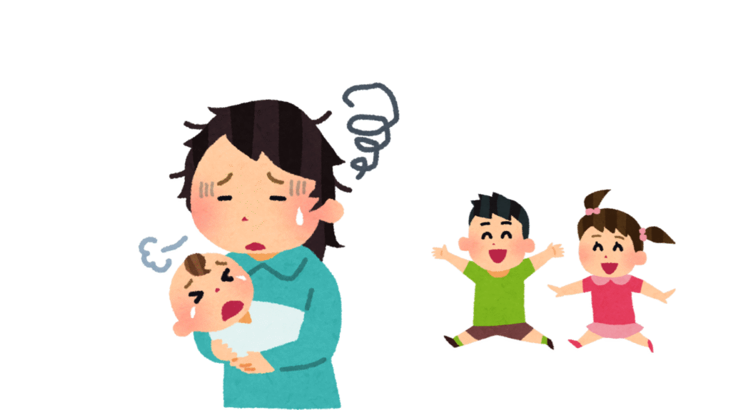 発達障害の育児に疲れている母親とそれを気にせずに遊ぶ子供たち